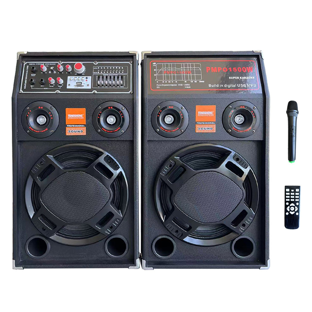 Set 2 Boxe Profesionale Active Smart Bass 284, 600W RMS, Bluetooth, USB, SD, Microfon Wireless, Jocuri de Lumini, Amplificator, Egalizator – Sunet Premium pentru Evenimente și Petreceri